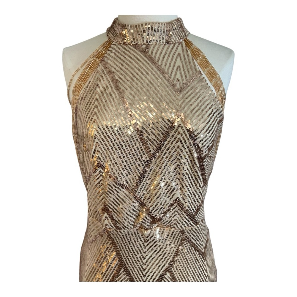 Sleeveless Beads SparklChain Cocktail Dress Sequin Halter Gown Rose Gold Size L - Picture 4 of 9